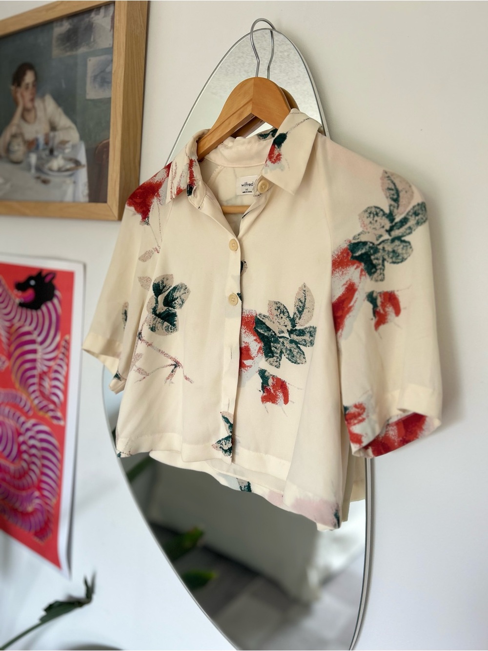 Aritzia Cream Short-Sleeve Button Down Shirt with Red & Green Floral Print - Picture 2 of 4